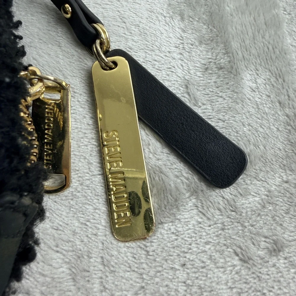 Steve Madden Black Faux Sherpa Mini Satchel Handbag Gold‎ Hardware